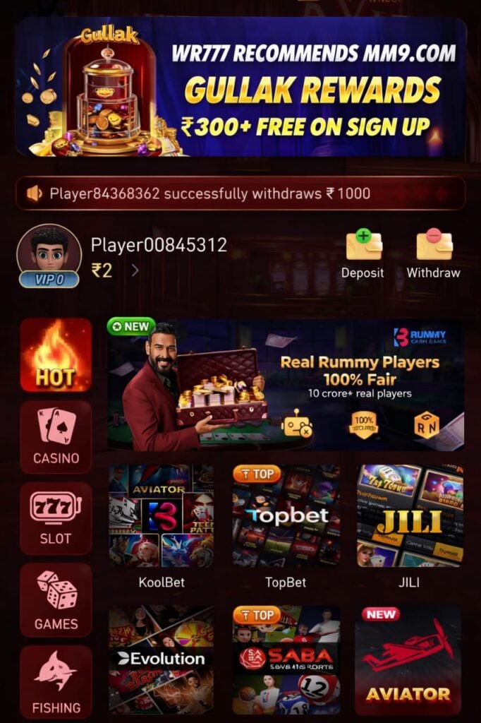 WR777 game dashboard showing casino slots and aviator games